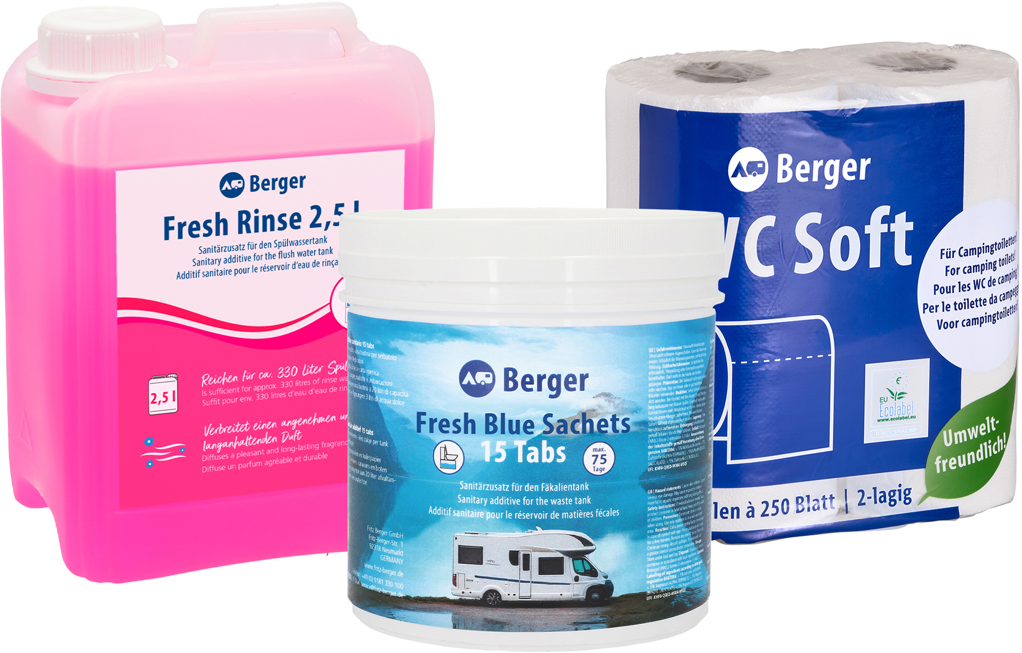 Berger Sanitär Set 3-teilig inkl. Fresh Blue Sachets + Fresh Rinse 2,5 l + WC Soft Toilettenpapier - Sanitä...