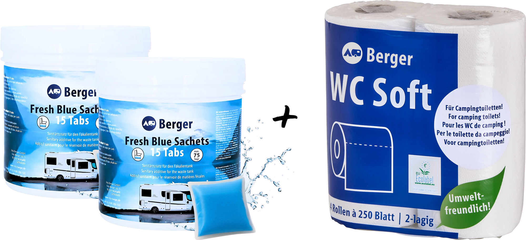 Berger 2+1 Sanitär Set inkl. Fresh Blue Sachets + WC Soft Toilettenpapier - Sanitärzusätze & -flüssigkeiten