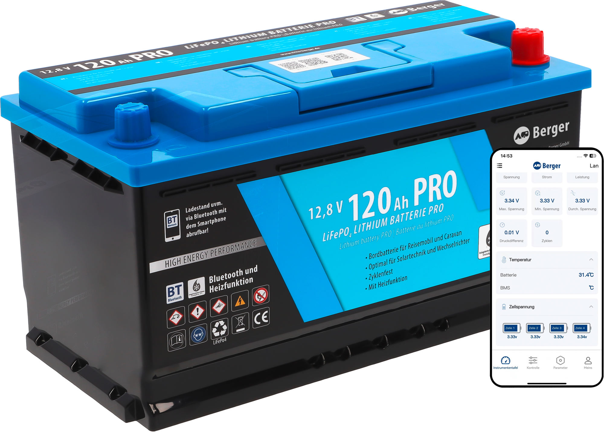 Berger LiFePO4 Lithium Batterie Pro 120 Ah 12 V mit Bluetooth & Heizung - Fahrzeug-Batterien