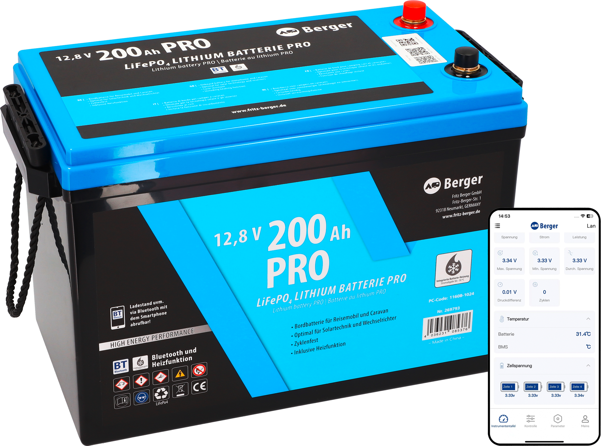 Berger LiFePO4 Lithium Batterie Pro 200 Ah 12 V mit Bluetooth & Heizung - Fahrzeug-Batterien
