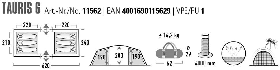 High Peak Tunnelzelt "Tauris 6" 6 Personen Set, mit Transporttasche