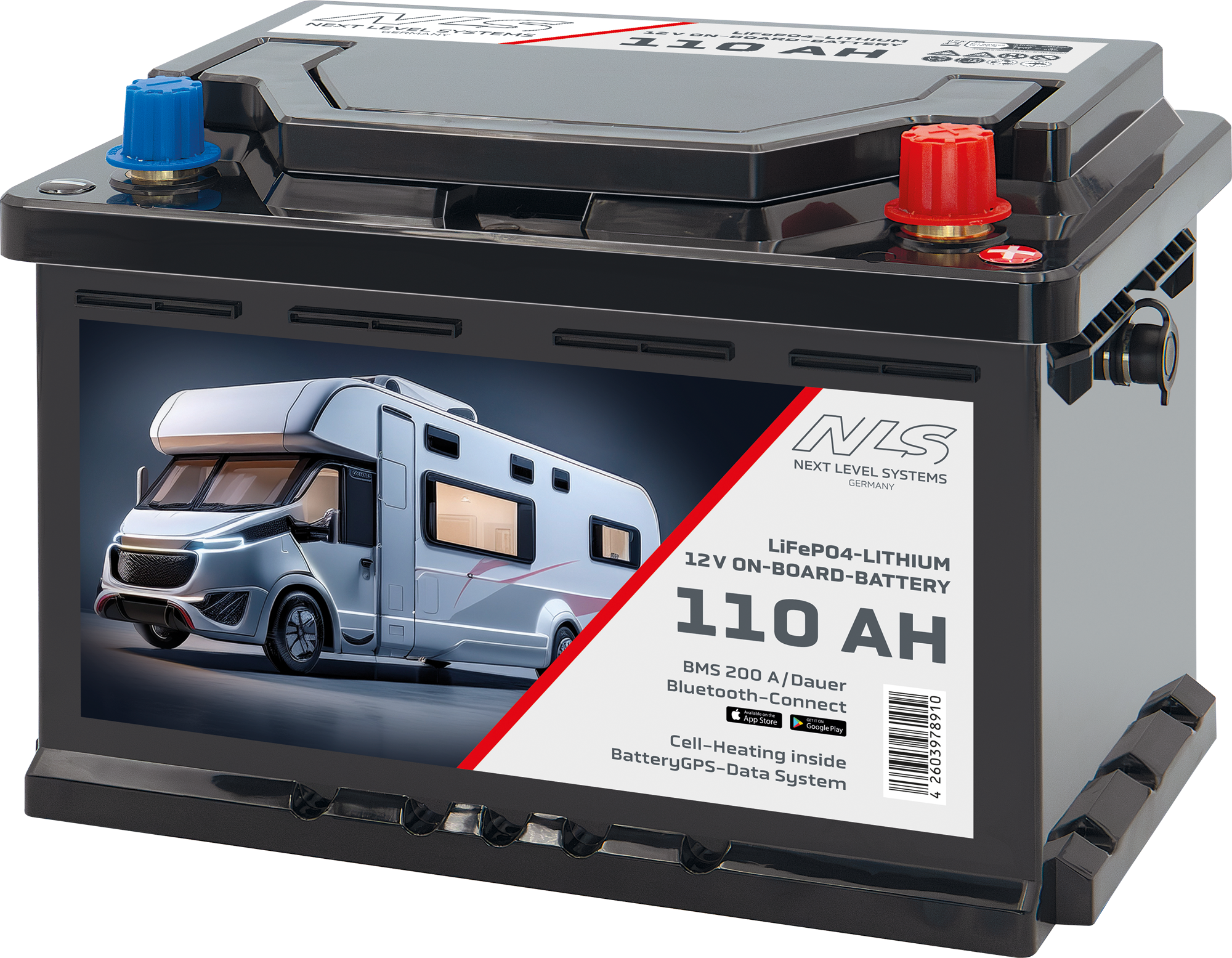 Next Level Systems LiFePO4 Bordbatterie für Reisefahrzeuge mit Bluetooth und Heizung 110 Ah  - Fahrzeug-Bat...