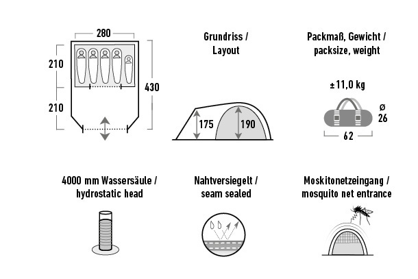 High Peak Kuppelzelt "Zelt Santiago 5.0" 5 Personen