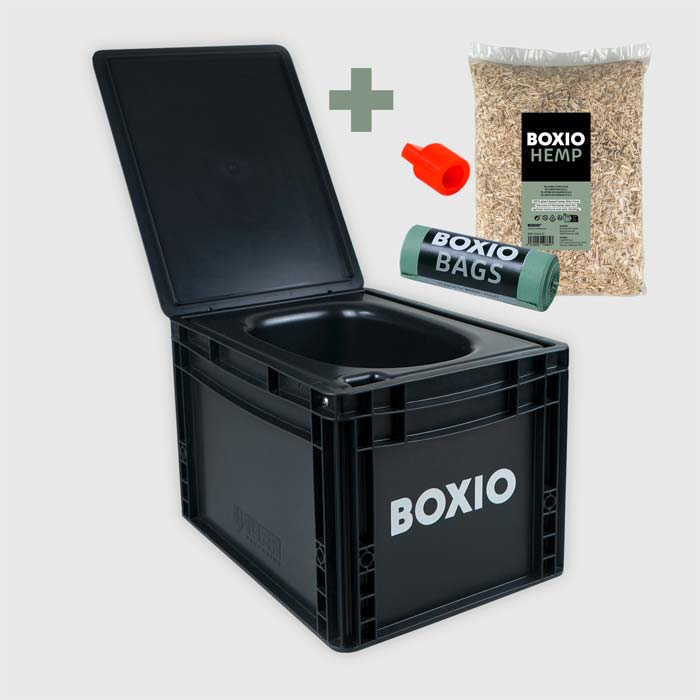 BOXIO Toilet GO Trenntoilette Komplettset mit Hanfstreu, Bio Bags und Plug - Trenntoiletten