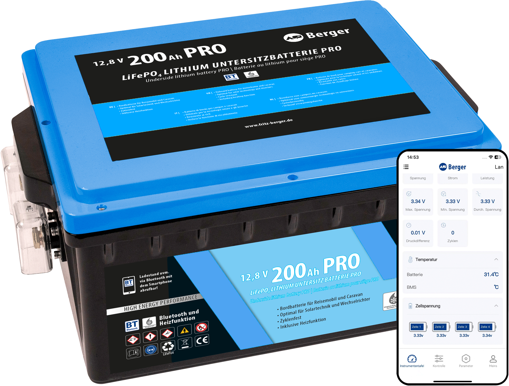 Berger LiFePO4 Lithium Untersitz Batterie Pro 200 Ah 12 V mit Bluetooth & Heizung - Fahrzeug-Batterien
