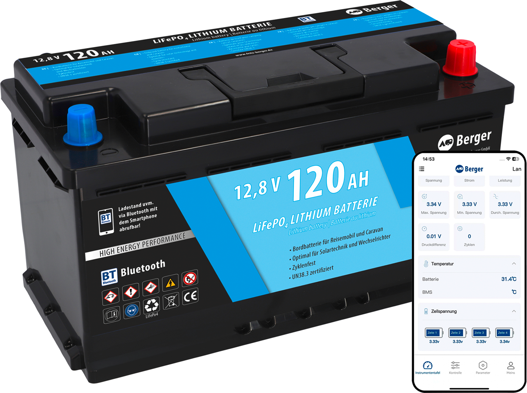 Berger LiFePO4 Lithium Batterie 120 Ah 12 V mit Bluetooth - Fahrzeug-Batterien