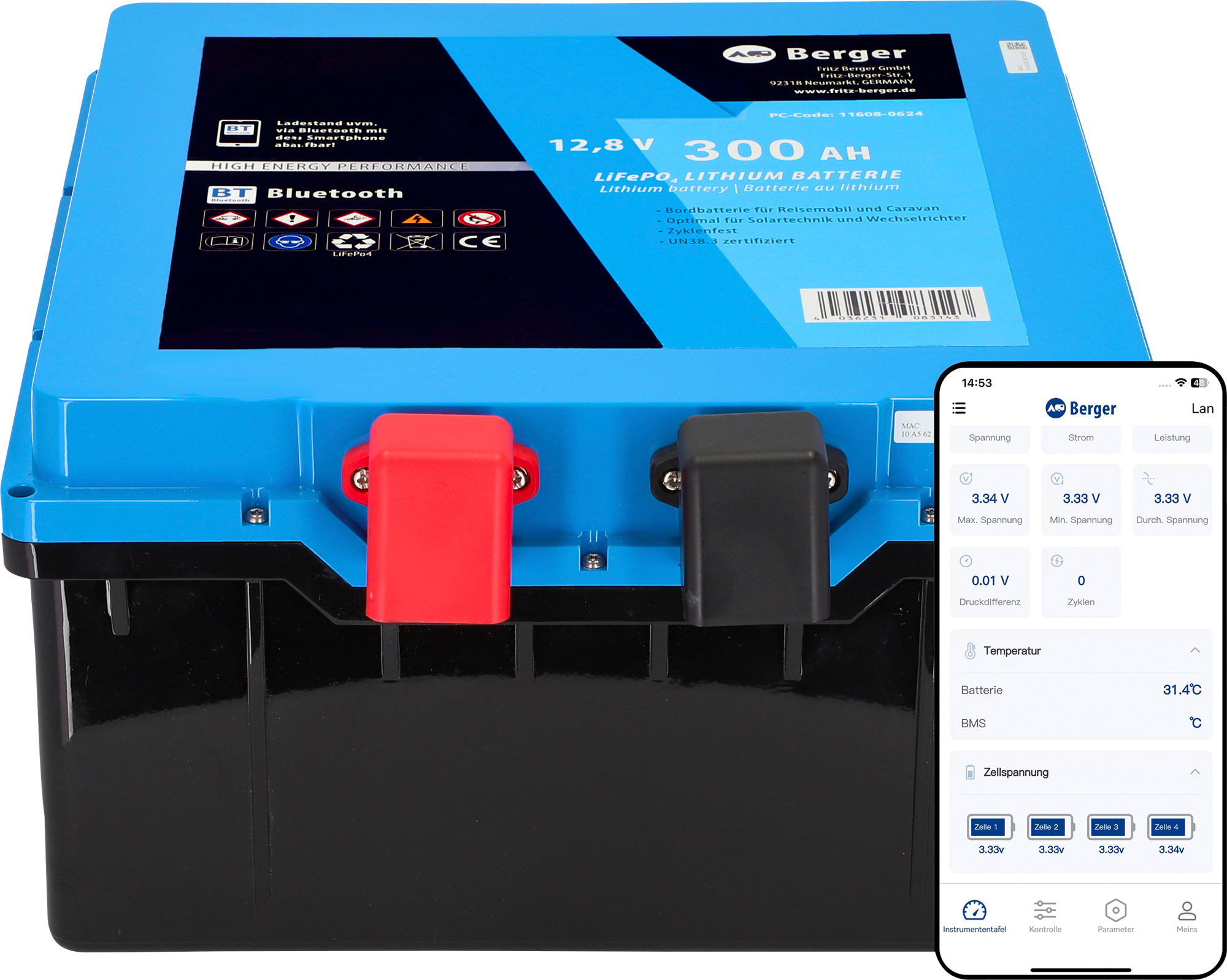 Berger LiFePO4 Lithium Untersitz Batterie Pro 300 Ah 12 V mit Bluetooth & Heizung - Fahrzeug-Batterien